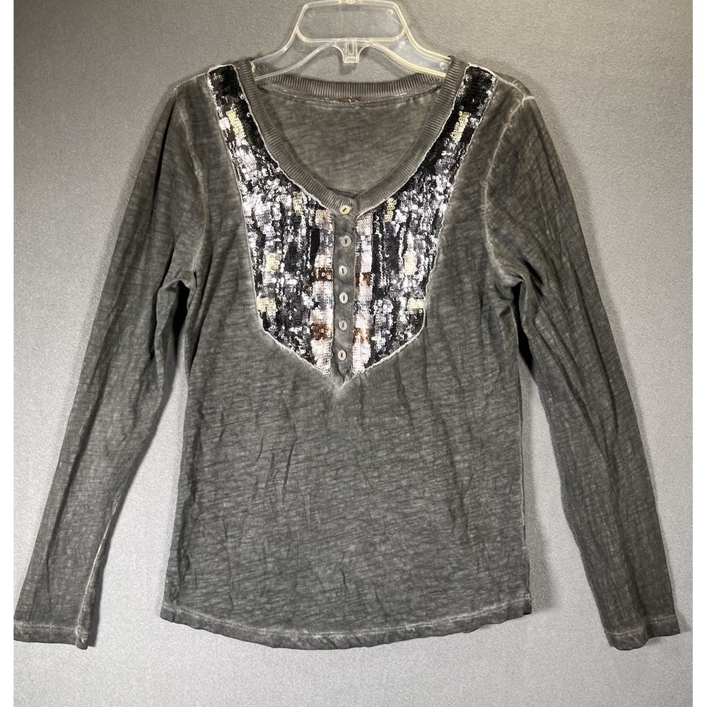 Free People Women's Gray Long Sleeve Scoop Neck Tunic Top XS/S Sequin READ